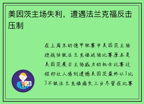 美因茨主场失利，遭遇法兰克福反击压制
