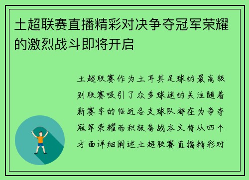 土超联赛直播精彩对决争夺冠军荣耀的激烈战斗即将开启